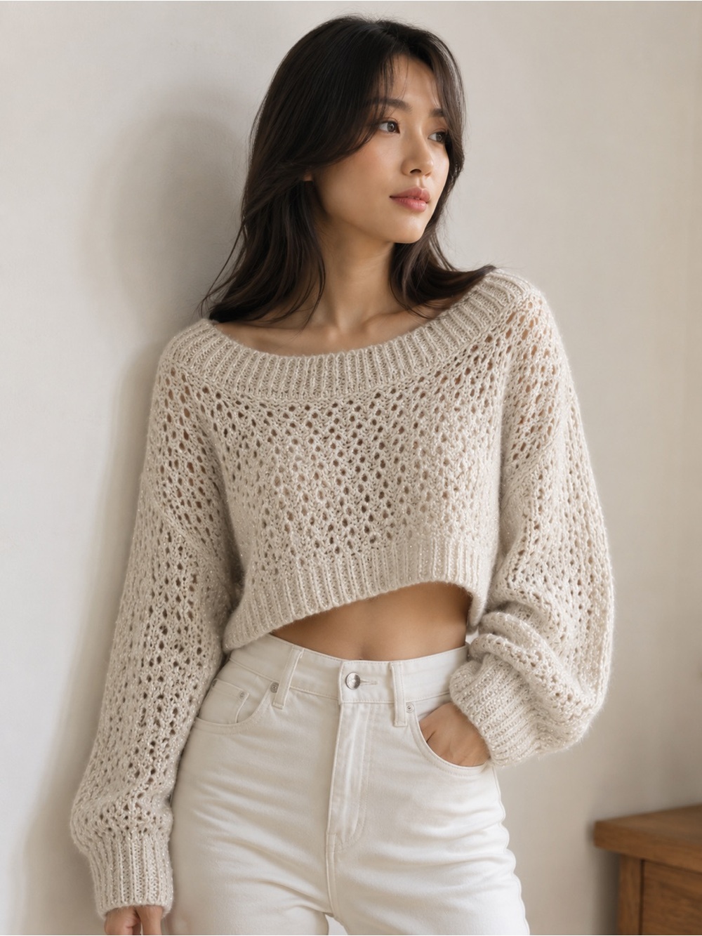 ASOS Women's Open-Knit Crewneck Sweater - Cream
